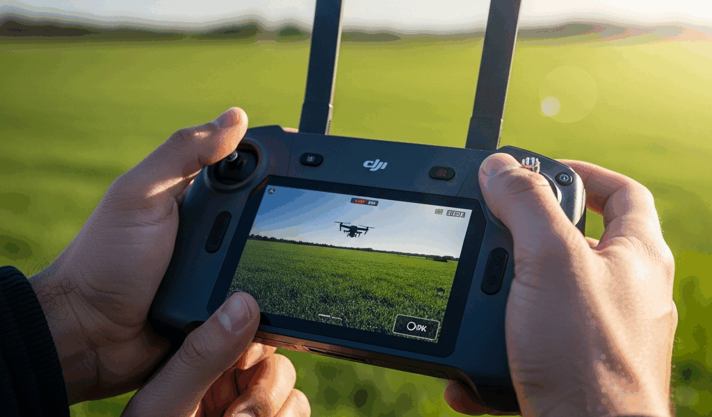 dji drone controller held in hands with a bright sunny outdo 20260331 082935