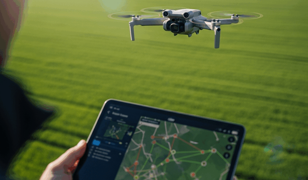 dji mini drone flying over a green field while pilot uses ta 20260331 083117