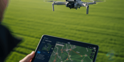 dji mini drone flying over a green field while pilot uses ta 20260331 083117