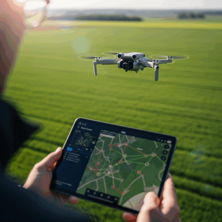 dji mini drone flying over a green field while pilot uses ta 20260331 083117